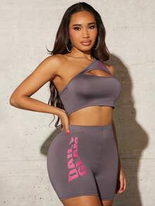 SHEIN SXY Letter Graphic One Shoulder Crop Top & Cycling Shorts - Grey - View 4
