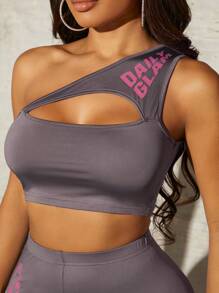 SHEIN SXY Letter Graphic One Shoulder Crop Top & Cycling Shorts - Grey - View 6