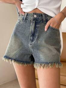 DAZY 斜口袋毛邊牛仔短褲 - 中等水洗藍 - 查看 1