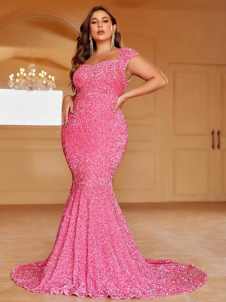 Plus One Shoulder Mermaid Hem Sequin Formal Dress - Pink - View 3