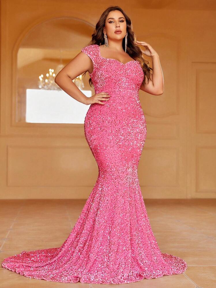 Plus One Shoulder Mermaid Hem Sequin Formal Dress - Pink - View 4