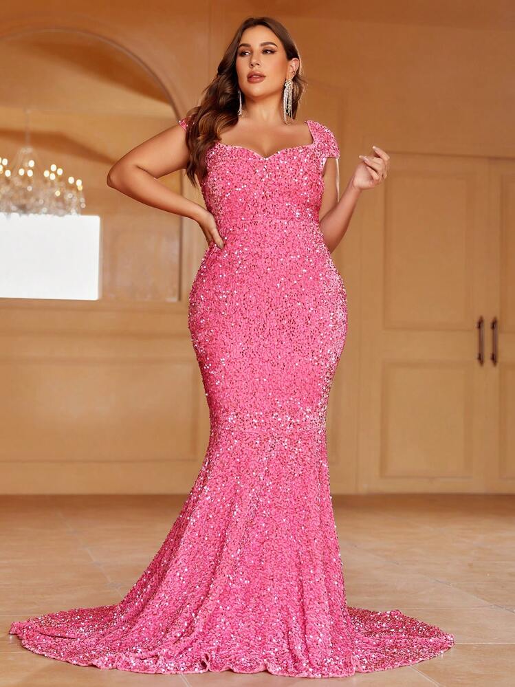 Plus One Shoulder Mermaid Hem Sequin Formal Dress - Pink - View 5