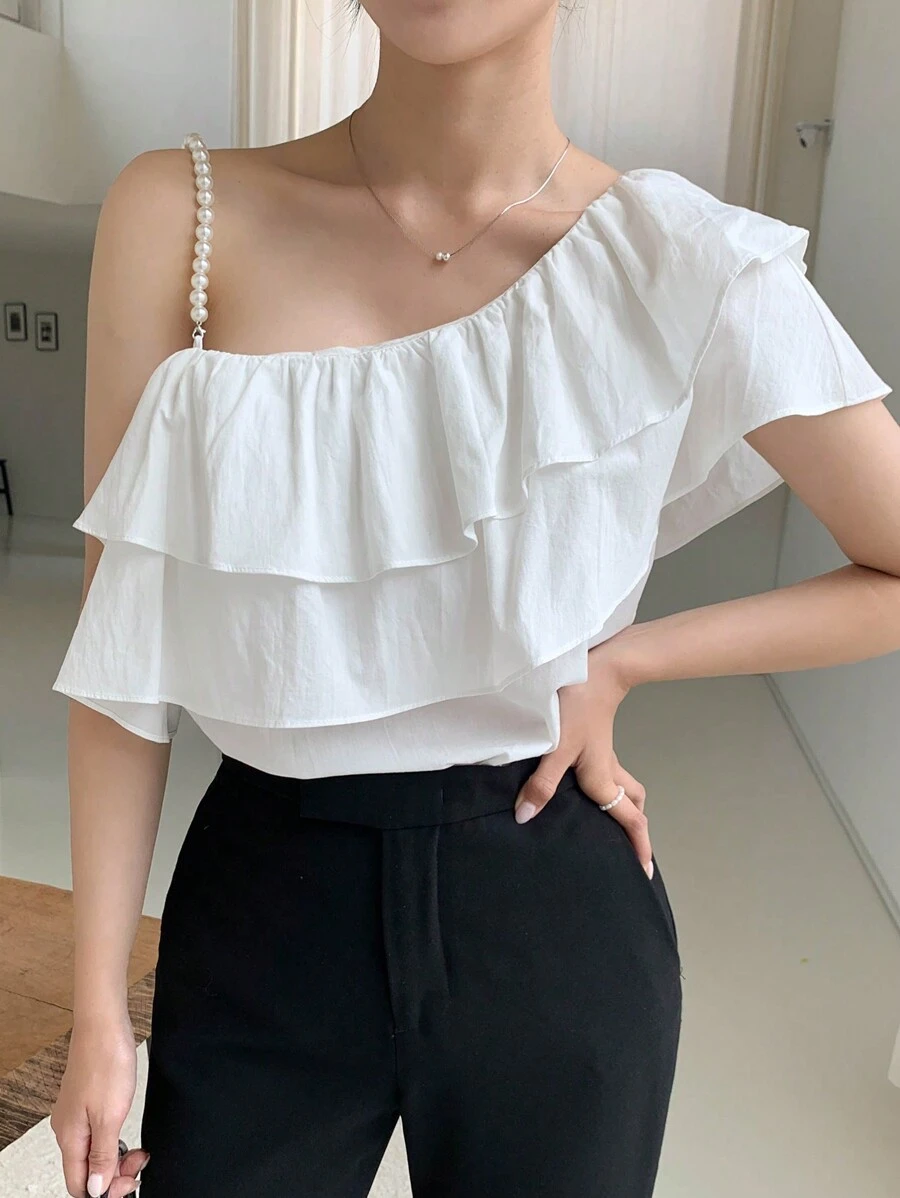 DAZY 不對稱領荷葉邊襯衫 - 白色 - 查看 1