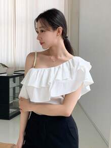 DAZY 不對稱領荷葉邊襯衫 - 白色 - 查看 3