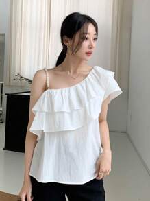 DAZY 不對稱領荷葉邊襯衫 - 白色 - 查看 4