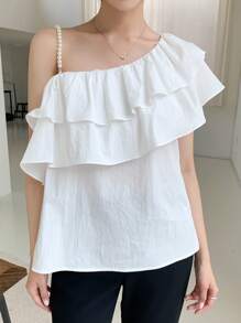 DAZY 不對稱領荷葉邊襯衫 - 白色 - 查看 5