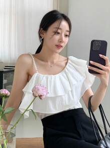 DAZY 不對稱領荷葉邊襯衫 - 白色 - 查看 6