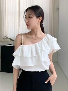 DAZY 不對稱領荷葉邊襯衫 - 白色 - 查看 7