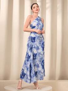 Modelyn Đầm Xếp li Đá hoa Thanh lịch - Màu xanh lam - Xem 3