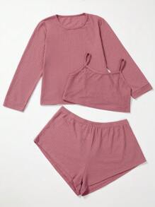 Plus Solid Waffle Knit Pyjama Set - Rusty Rose - View 3