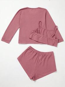 Plus Solid Waffle Knit Pyjama Set - Rusty Rose - View 2
