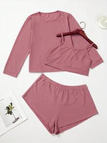 Plus Solid Waffle Knit Pyjama Set - Rusty Rose - View 1
