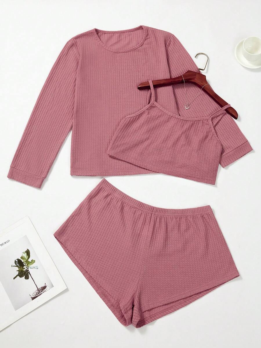 Plus Solid Waffle Knit Pyjama Set - Rusty Rose - View 1