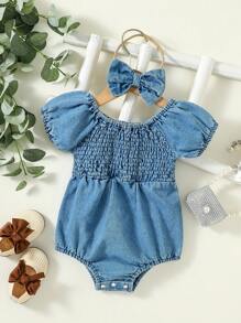 嬰兒泡泡袖連體衣和頭巾 - 藍色 - 查看 1