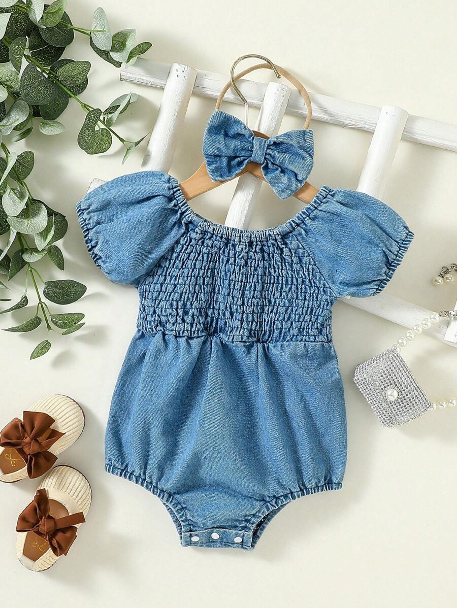 嬰兒泡泡袖連體衣和頭巾 - 藍色 - 查看 1