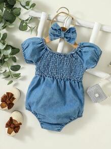 嬰兒泡泡袖連體衣和頭巾 - 藍色 - 查看 2