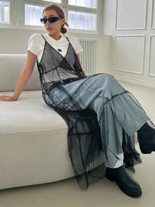 DAZY 素色透視網紗覆蓋吊帶連衣裙不帶T恤 - 黑色 - 查看 3