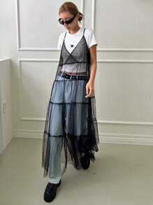 DAZY 素色透視網紗覆蓋吊帶連衣裙不帶T恤 - 黑色 - 查看 4