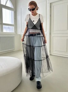 DAZY 素色透視網紗覆蓋吊帶連衣裙不帶T恤 - 黑色 - 查看 5