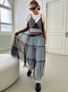 DAZY 素色透視網紗覆蓋吊帶連衣裙不帶T恤 - 黑色 - 查看 6