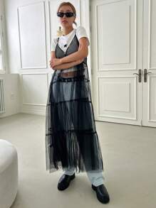 DAZY 素色透視網紗覆蓋吊帶連衣裙不帶T恤 - 黑色 - 查看 7