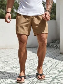 Manfinity Homme Men Drawstring Waist Shorts Sweat Plain Khaki Going Out Basic