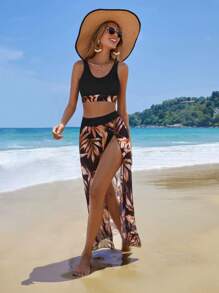 SHEIN Swim 熱帶圖案比基尼泳裝附沙灘裙 - 彩色 - 查看 6