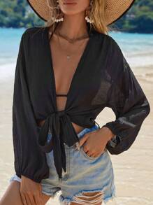 Swim Vcay Summer Beach Solid Bishop Sleeve Knot Hem Kimono