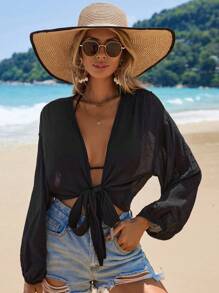 Swim Vcay Summer Beach Solid Bishop Sleeve Knot Hem Kimono