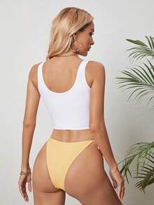 花卉和口号图案系带侧比基尼套装夏季海滩 - 黃色 - 查看 2