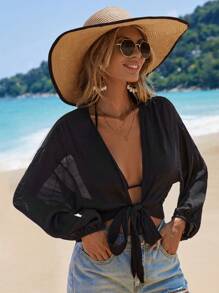 Swim Vcay Summer Beach Solid Bishop Sleeve Knot Hem Kimono