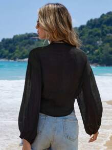 Swim Vcay Summer Beach Solid Bishop Sleeve Knot Hem Kimono