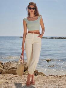 SHEIN Frenchy Solid Carrot Pants Without Belt - Apricot - View 4