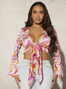 SHEIN SXY 滿版印花前打結短款襯衫 - 彩色 - 查看 4