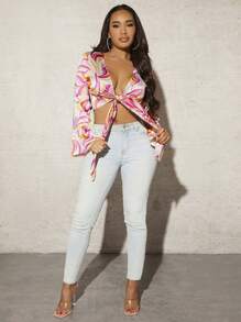 SHEIN SXY 滿版印花前打結短款襯衫 - 彩色 - 查看 6