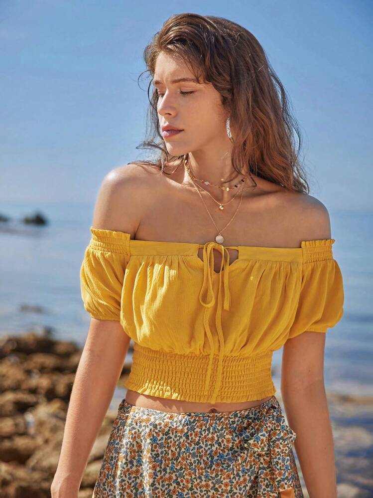SHEIN Frenchy Off Shoulder Tie Front Ruched Bust Crop Top - Yellow - View 5