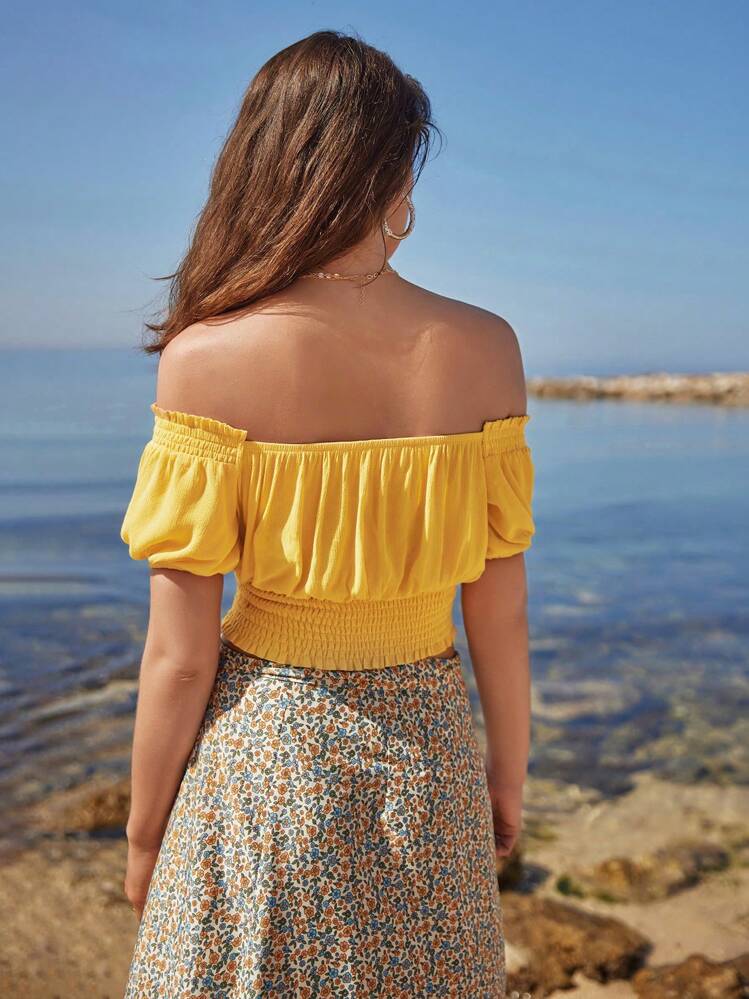 SHEIN Frenchy Off Shoulder Tie Front Ruched Bust Crop Top - Yellow - View 2