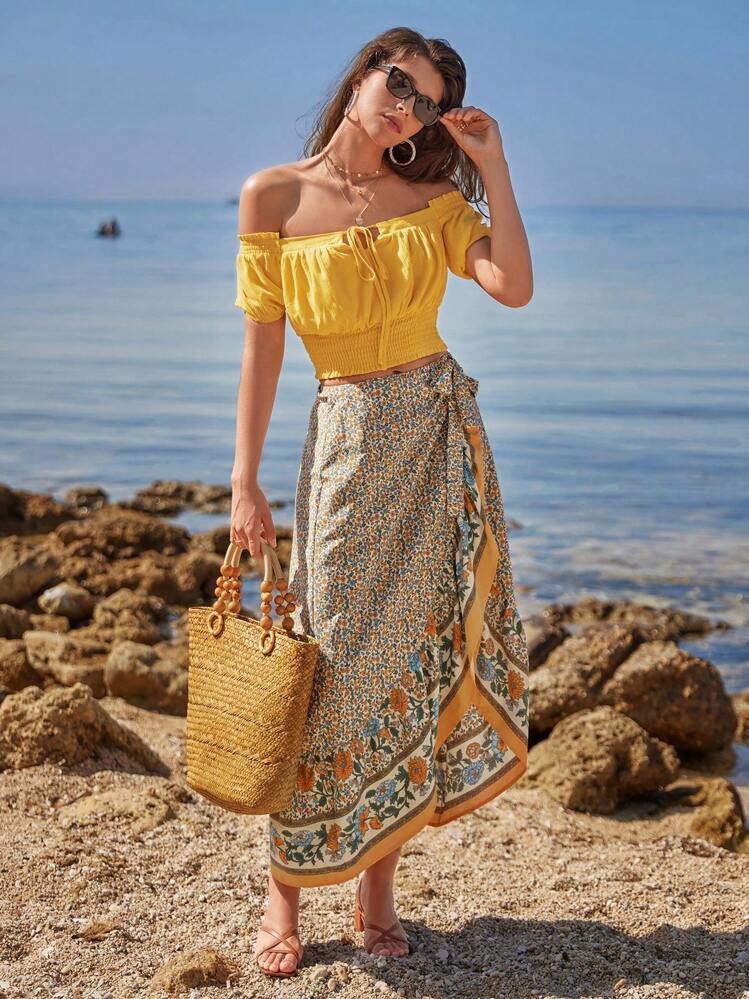SHEIN Frenchy Off Shoulder Tie Front Ruched Bust Crop Top - Yellow - View 3
