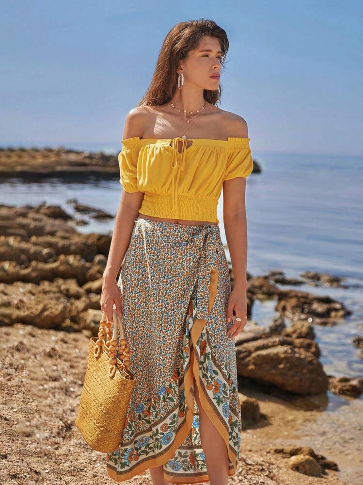 SHEIN Frenchy Off Shoulder Tie Front Ruched Bust Crop Top - Yellow - View 4