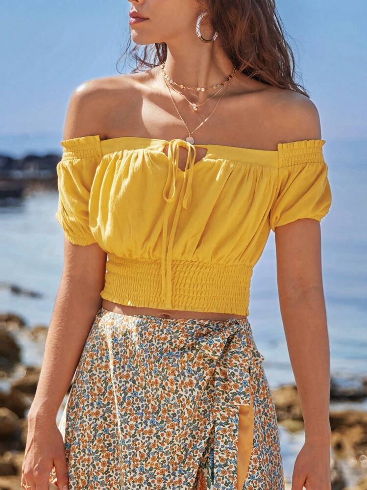 SHEIN Frenchy Off Shoulder Tie Front Ruched Bust Crop Top - Yellow - View 1