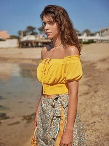 SHEIN Frenchy 一字肩前繫帶胸部褶皺短款上衣 - 黃色 - 查看 6