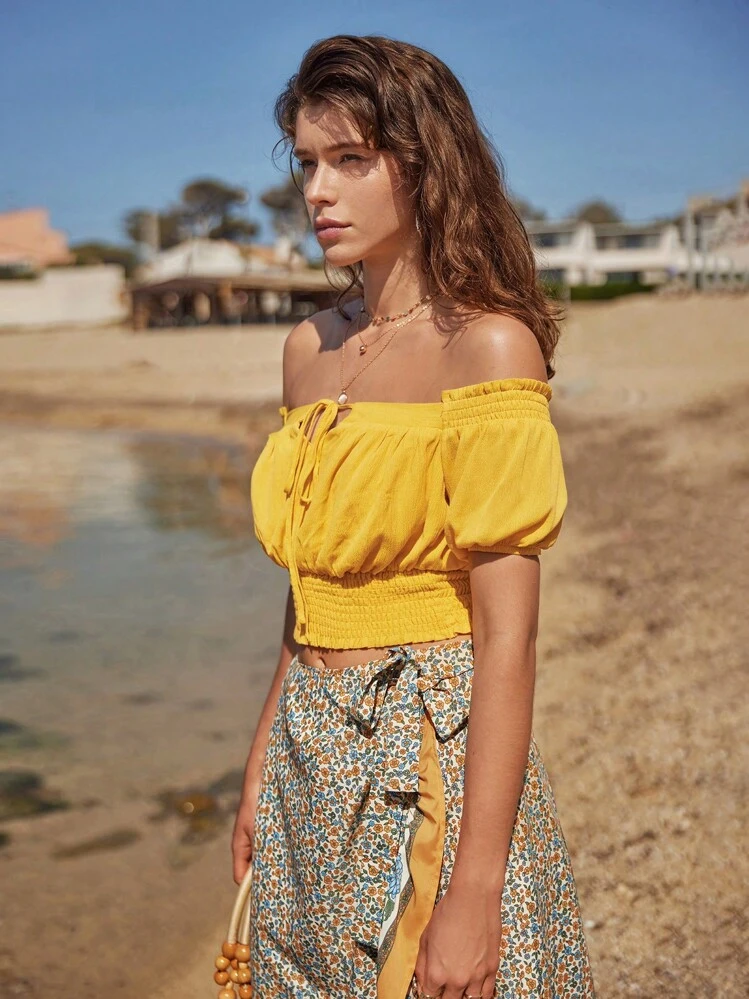 SHEIN Frenchy Off Shoulder Tie Front Ruched Bust Crop Top - Yellow - View 6