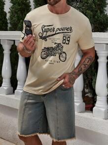 Manfinity Homme Men Cotton Motorcycle & Letter Graphic Tee - Beige - View 1