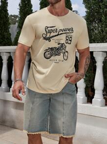 Manfinity Homme Men Cotton Motorcycle & Letter Graphic Tee - Beige - View 3