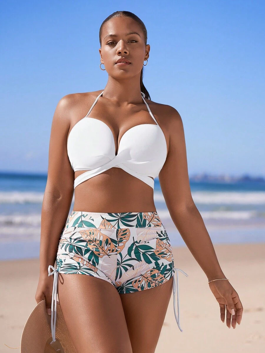 SHEIN Tropical Print Push Up Shorts Bikini - Multicolor - View 1