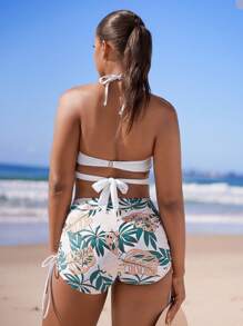 SHEIN Tropical Print Push Up Shorts Bikini - Multicolor - View 2