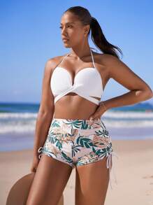 SHEIN Tropical Print Push Up Shorts Bikini - Multicolor - View 3