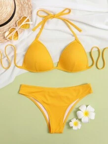Chất rắn Đồ bơi Bikini Dây đeo cổ - Màu Mù tạt vàng - Xem 1