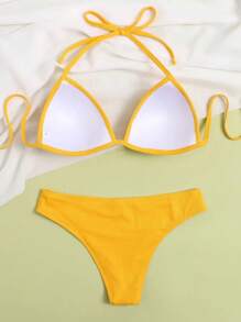Chất rắn Đồ bơi Bikini Dây đeo cổ - Màu Mù tạt vàng - Xem 2