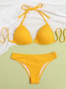 Chất rắn Đồ bơi Bikini Dây đeo cổ - Màu Mù tạt vàng - Xem 3